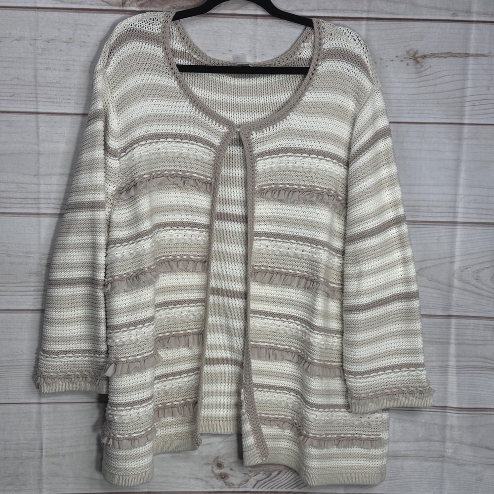CJ Banks Bohemian Tan and White Cardigan Sweater Ruffle Trim Open Front 3X
